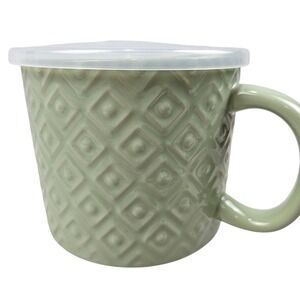 Crofton Sage Green Stoneware Soup Mug with Vented Lid Diamond Lattice Pattern